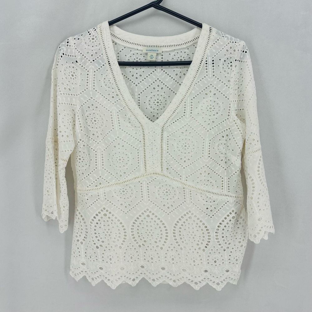Sundance Womens Blouse White Cotton Eyelet Lined Bell Sleeve Scalloped Small